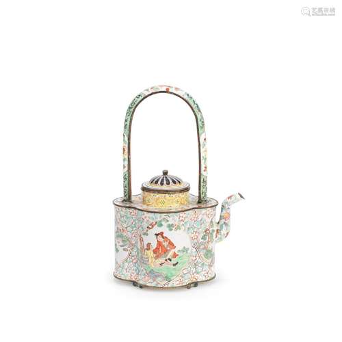 A PAINTED ENAMEL EUROPEAN SUBJECT TEAPOT AND COVER Early Qia...