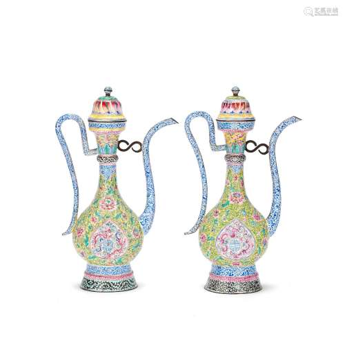 A PAIR OF PAINTED ENAMEL EWERS AND COVERS 18th/19th century ...
