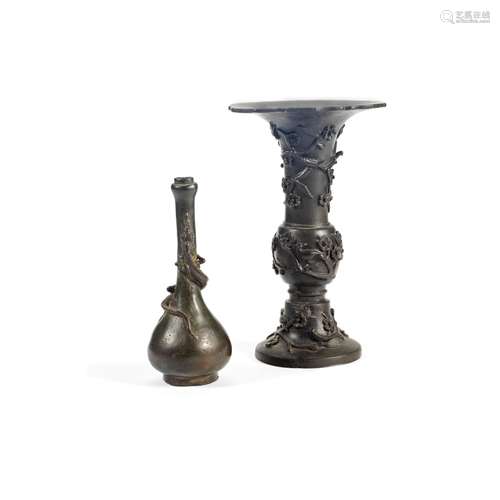 A BRONZE 'PRUNUS' VASE, GU AND A BRONZE 'CHILONG' BOTTLE VAS...