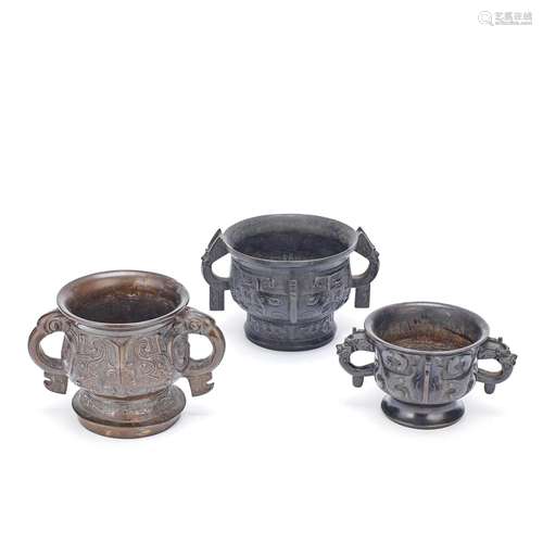 THREE ARCHAISTIC BRONZE INCENSE BURNERS, GUI Qing Dynasty (3...