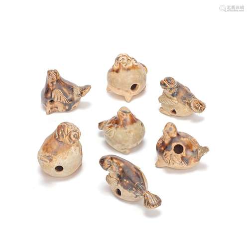 SEVEN CHANGSHA BROWN GLAZED 'ANIMAL' WHISTLES Tang Dynasty (...