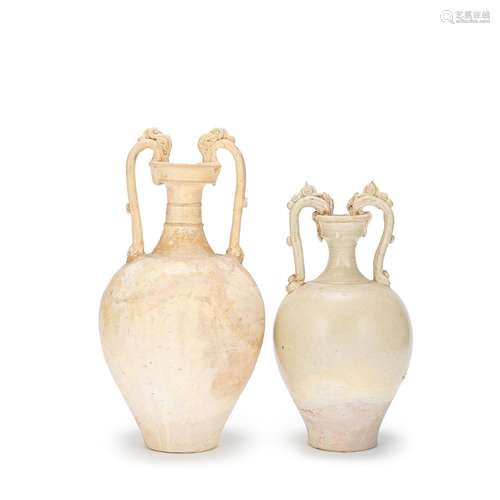 TWO GLAZED POTTERY AMPHORA VASES Tang Dynasty (2)