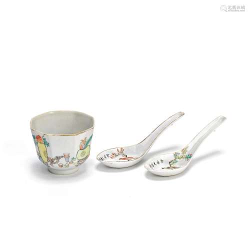 A QINGJIANG CUP AND TWO SPOONS The cup cyclical date corresp...