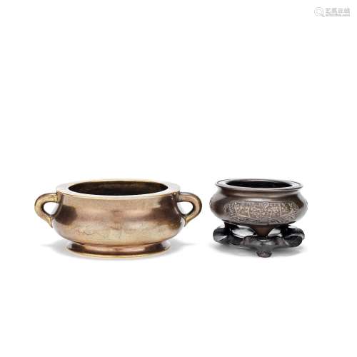 TWO BRONZE INCENSE BURNERS Xuande six-character mark, Qing D...