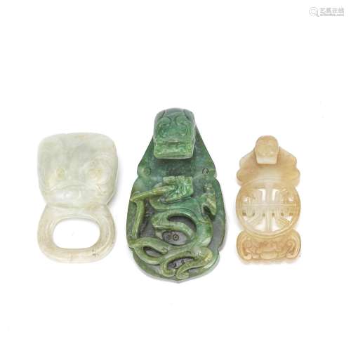 TWO JADE BELT HOOKS AND A JADE BUCKLE 18th/19th Century (3)