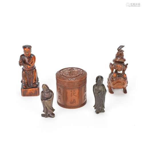 FOUR BRONZE AND WOOD FIGURES AND A WOOD BOX AND COVER Ming D...