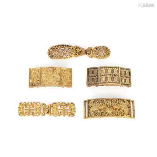 FIVE BRONZE AND GILT BRONZE SETS OF BUCKLES AND BELT HOOKS Q...