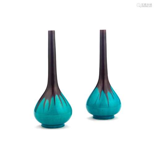 A PAIR OF AWAJI TURQUOISE AND AUBERGINE GLAZED  BOTTLE VASES...