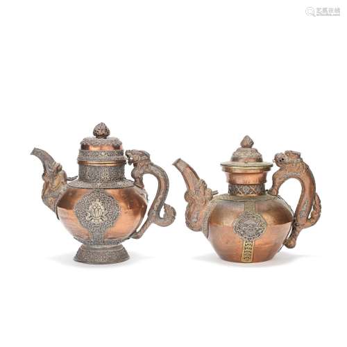 【*】TWO COPPER-ALLOY AND SILVER APPLIED TEAPOTS AND COVERS Ti...
