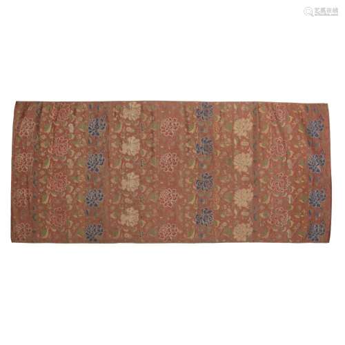 A Chinese coral red ground 'peony' brocade<br />
<br />
Qing...