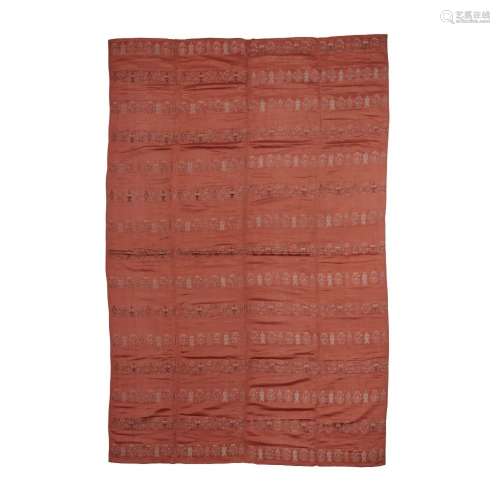A Chinese coral ground embroidery panel<br />
<br />
Qing dy...