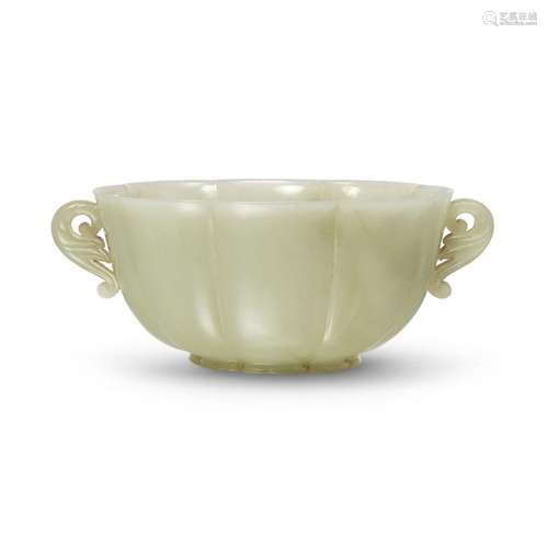 A Chinese Mughal-style pale celadon jade lobed twin-handled ...