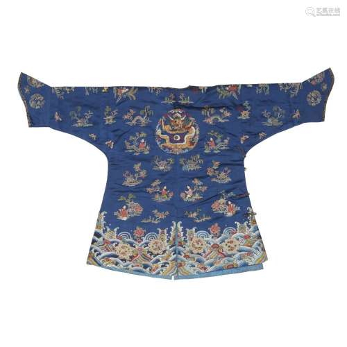 A Chinese blue silk embroidered 'dragon' child's robe<br />
...