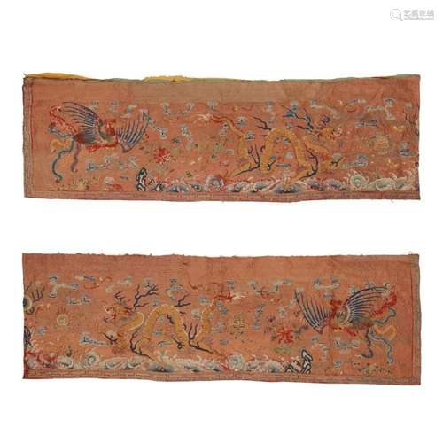 A large Chinese silk two-part 'dragon and phoenix' banner<br...