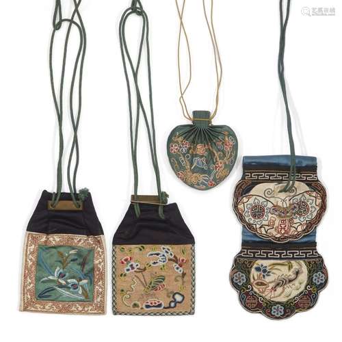 Four Chinese embroidered silk purses<br />
<br />
Qing dynas...