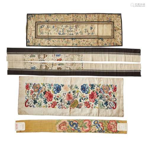 Five Chinese silk embroidered panels<br />
<br />
Qing dynas...