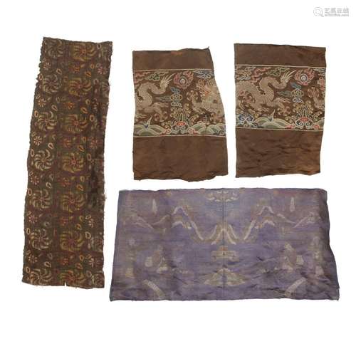 Three Chinese brocade fragments and a Turkish brocade fragme...