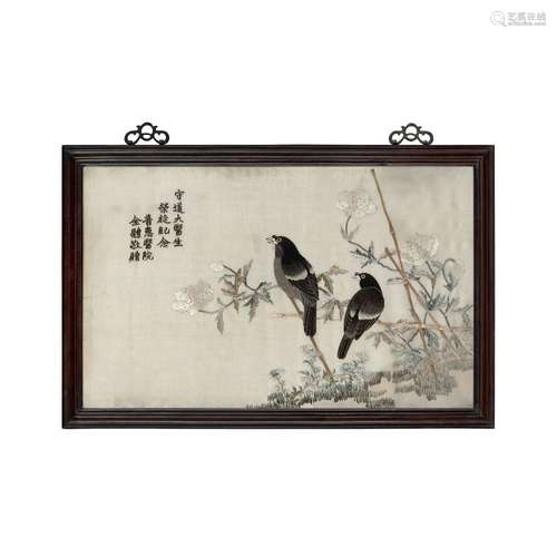 A Chinese 'birds and peonies' embroidered panel<br />
<br />...