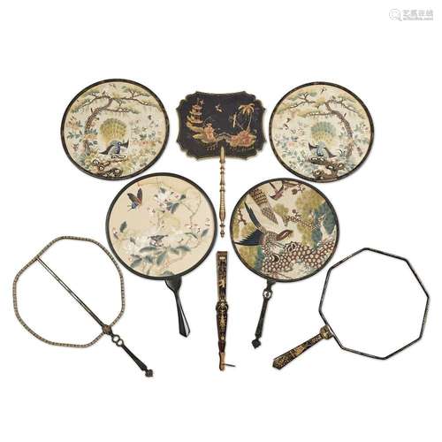 Four Chinese silk circular fans, a paper fan, a lacquer fan,...