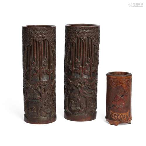 Three Chinese bamboo brush pots, bitong<br />
<br />
Qing dy...