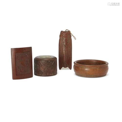 Three bamboo carvings and one rosewood cover with inset jade...