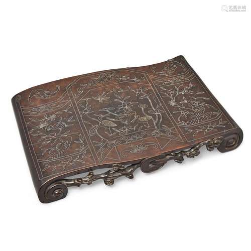 A Chinese silver wire-inlaid scroll-form scholar's hardwood ...