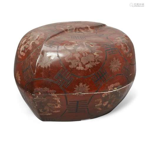 A large Chinese lacquer peach-form box and cover<br />
<br /...