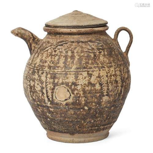 A Thai Sawankhalok brown-glazed pouring vessel with cover<br...