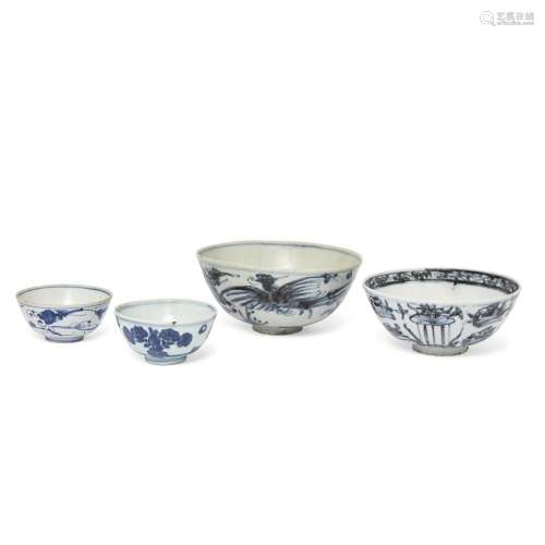 Four Chinese blue and white bowls<br />
<br />
Ming dynasty,...