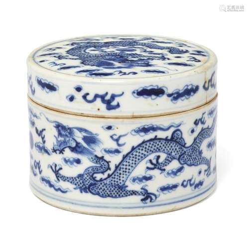 A Chinese blue and white 'dragon' cylindrical box and cover<...