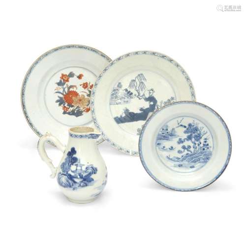 Two Chinese export blue and white plates, a sparrow-beak jug...