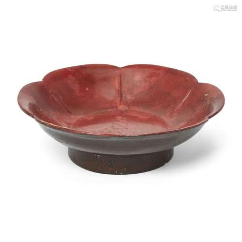 A Chinese red and brown lacquer 'prunus' dish<br />
<br />
S...