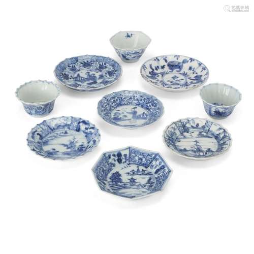 A group of Chinese blue and white tea cups and saucers<br />...