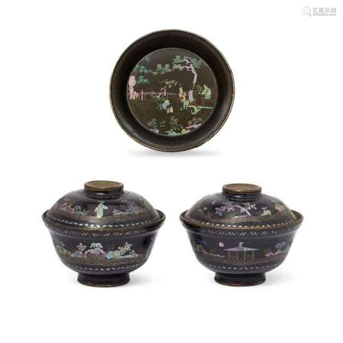 A pair of Chinese mother-of-pearl-inlaid tea bowls and cover...