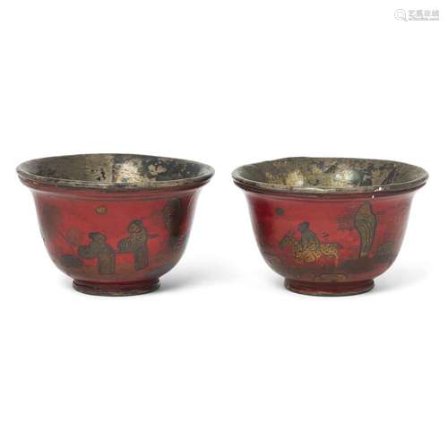 A pair of Chinese silver-lined red lacquer cups<br />
<br />...