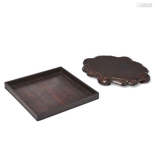 A Chinese hongmu square tray and carved stand<br />
<br />
Q...