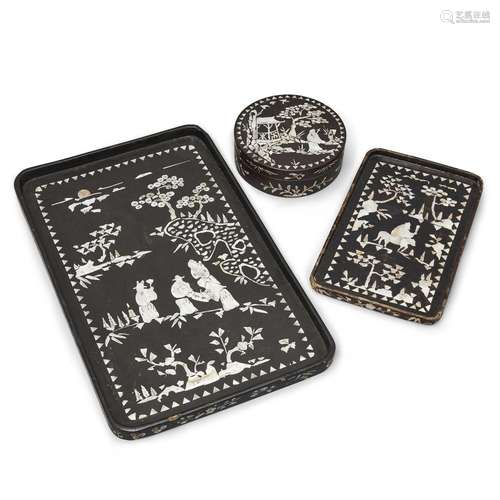 Three Korean mother-of-pearl-inlaid black lacquer wears<br /...