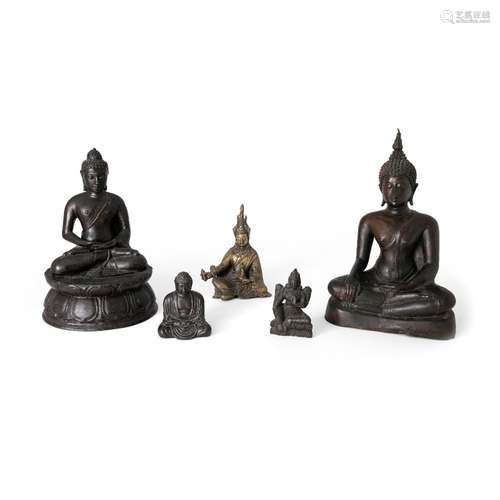 Five copper alloy and stone carved Buddhist figures<br />
<b...