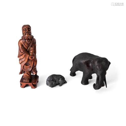 Two Japanese bronze Okimono and a Chinese boxwood carving of...