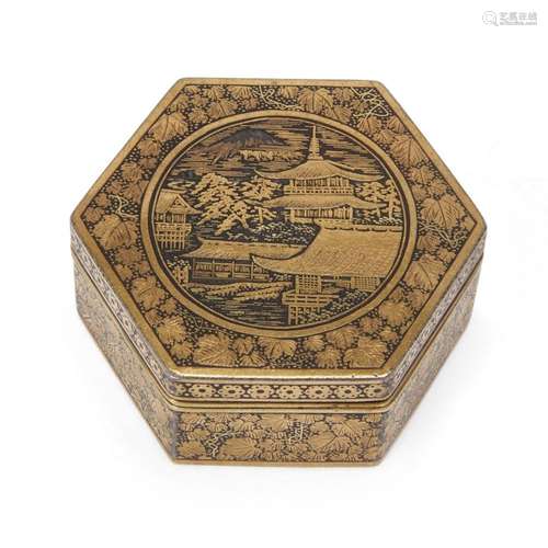 A Japanese Komai-style maki-e damascene iron hexagonal box a...