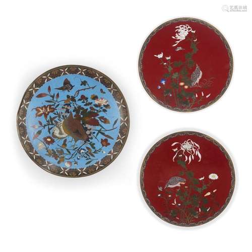 Three Japanese cloisonné-enamel 'kacho-ga' plates<br />
<br ...