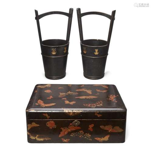 A pair of Japanese lacquer ikebana bucket vases and a lacque...