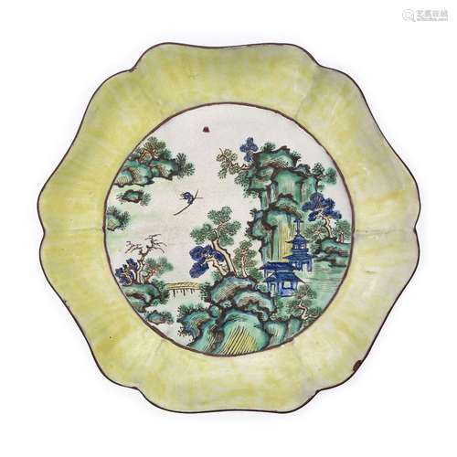 A Chinese enamelled Yixing 'landscape' foliate plate<br />
<...