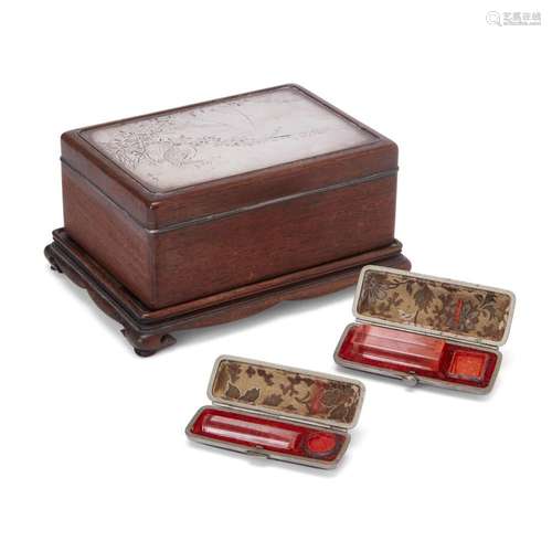 A Japanese silver-inset wood box and stand<br />
<br />
Meij...