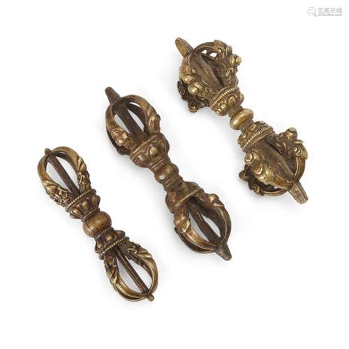 Three Tibetan bronze five-pronged vajras<br />
<br />
16th -...