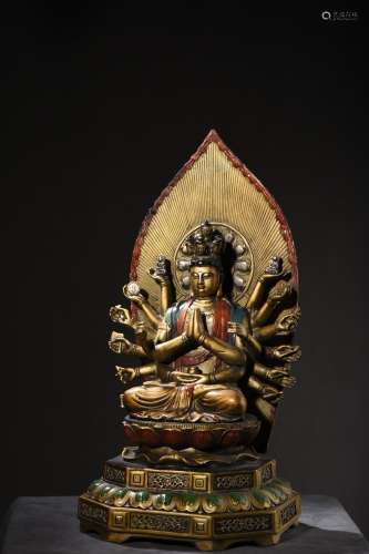 铜彩绘十八臂准提菩萨造像