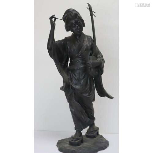 Signed Japanese Meiji Bronze Geisha Girl