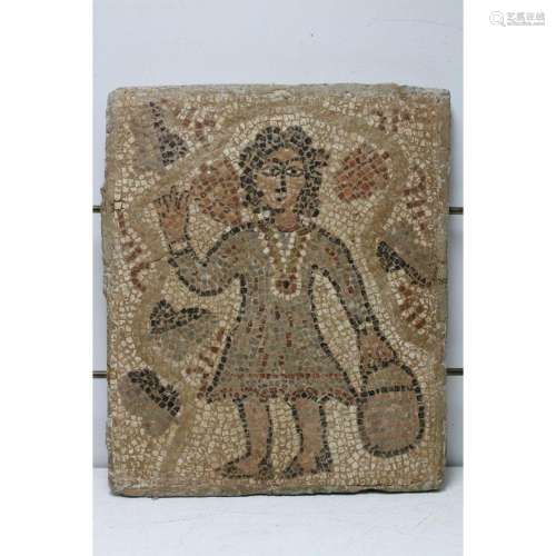 Antique 5th-7th C. Mosaic Panel Girl In Vineyard.