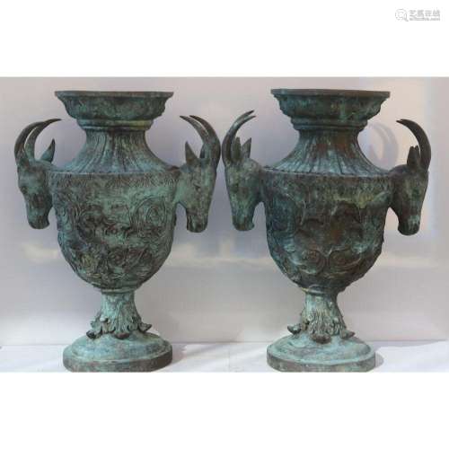 A Vintage Pair Of Verdigris Bronze Urns.