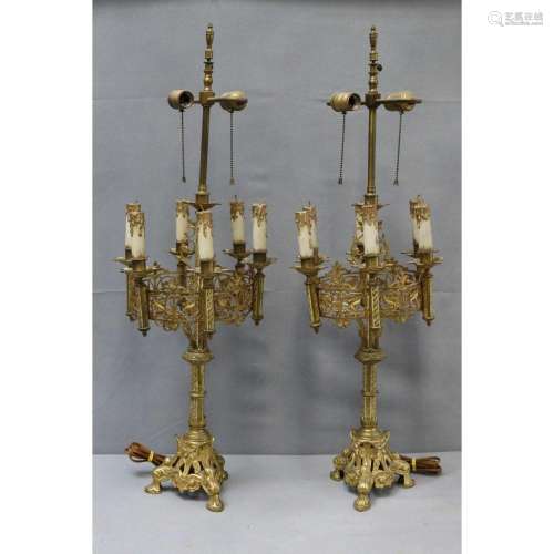 A Pair of Gothic Style Brass Candelabra Lamps.